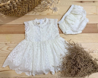 White  vintage toddler girls dress, country-style handmade dress for birthday, family photoshoot, any event, and toddler themed party.