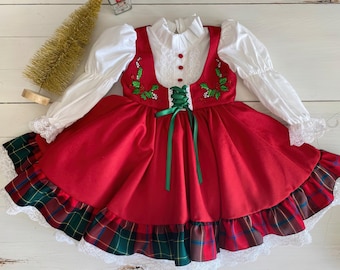Vintage Toddler Girl Christmas Dress Handmade Holiday Outfit with Embroidery and Plaid Trim, Perfect for Photoshoots, Birthdays, or Parties