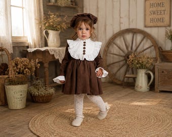 Toddler Girl Brown Vintage Dress with White Ruffle Bib, Matching Bonnet, Cottagecore Country Birthday Dress, Rustic Photoshoot Outfit