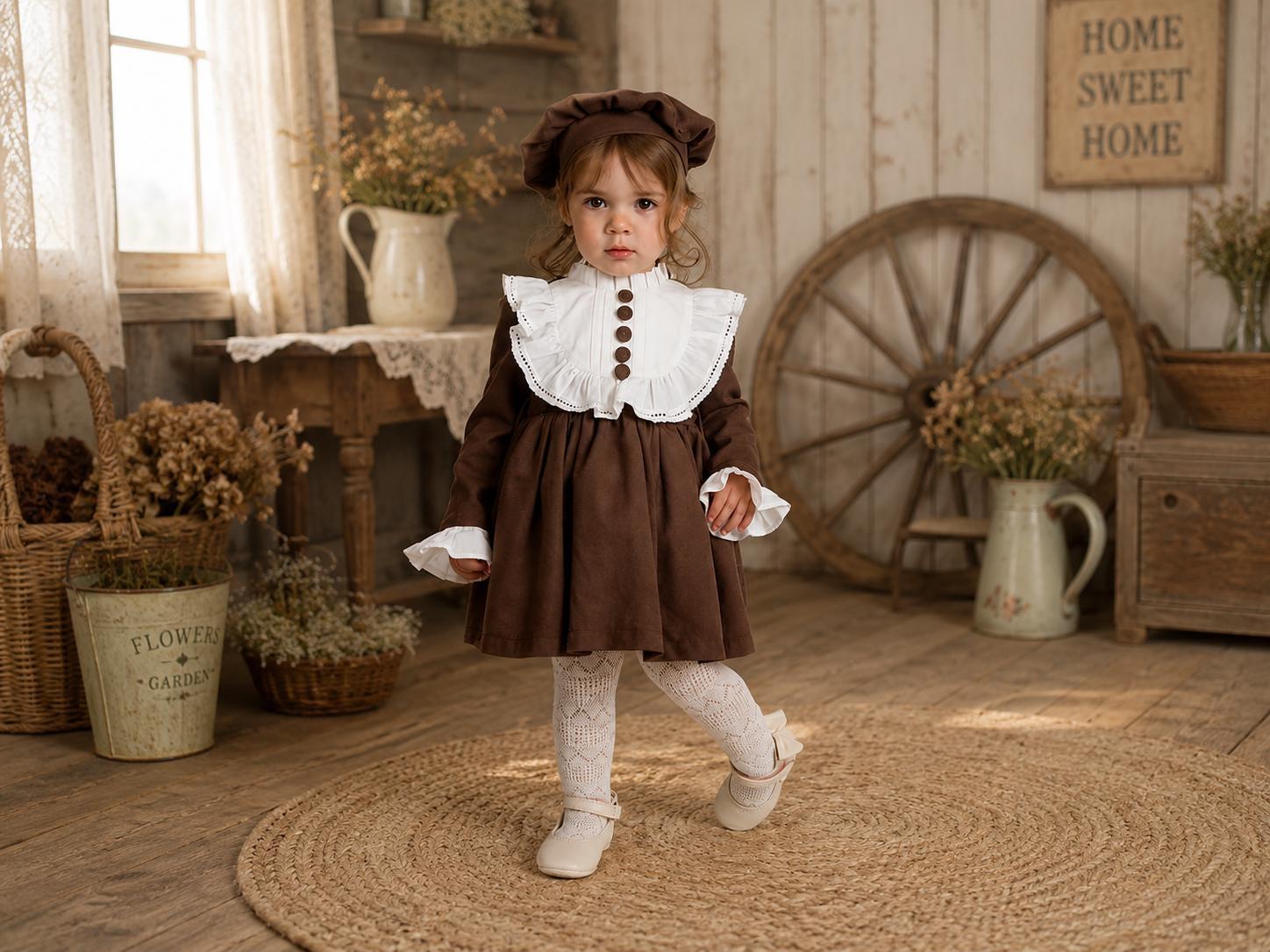 toddler girl brown dress Vintage with White Ruffle Bib, Matching Bonnet, Cottagecore Country Birthday Dress, Rustic Photoshoot Outfit Baby Girl Dresses Light october24_drop01 Select the size of Size:10.5W