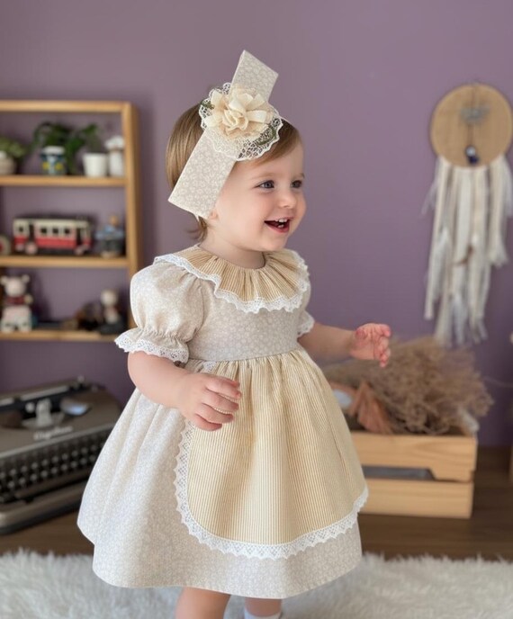 Handmade Vintage Toddler Dress: Cream Country-Style Cotton Outfit