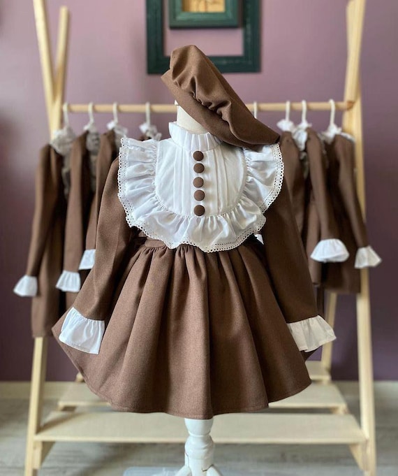 Toddler Girl Brown Vintage Dress with White Ruffle Bib, Matching Bonnet, Cottagecore Country Birthday Dress, Rustic Photoshoot Outfit