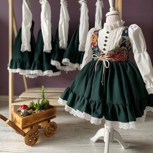 Green White and Flower patterns country-style handcrafted and handmade for birthday party wedding photo shoot vintage dress event costumes