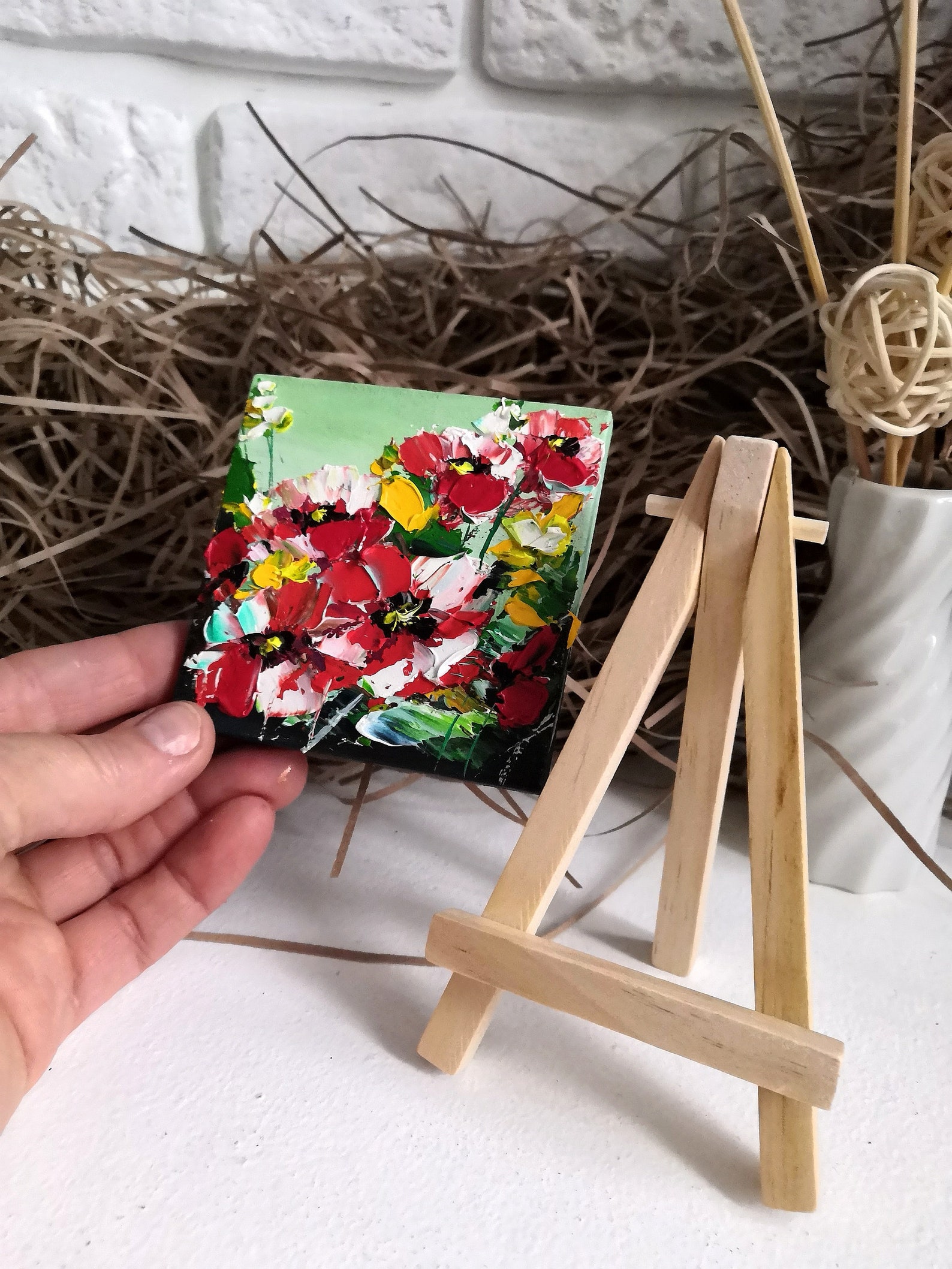 Miniature on easel/ oil painting 3x3/ Tiny painting on easel/ Etsy