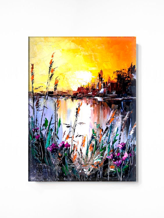 Landscape with sunset landscape on canvas Sunset oil art | Etsy