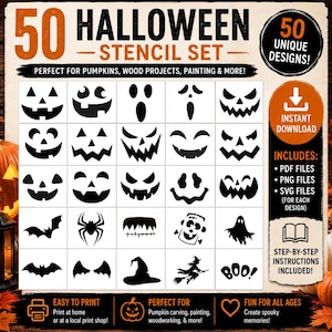 May include: A digital stencil set featuring 50 Halloween designs, including various jack-o'-lantern faces, a bat, a spider, a ghost, a witch, and the text BOO. The collection includes PDF, PNG, and SVG files for each design with instructions.