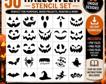 May include: A digital stencil set featuring 50 Halloween designs, including various jack-o'-lantern faces, a bat, a spider, a ghost, a witch, and the text BOO. The collection includes PDF, PNG, and SVG files for each design with instructions.