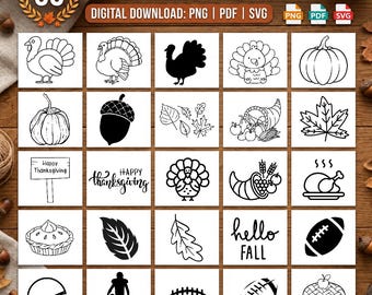 May include: A digital collection of 50 Thanksgiving stencils featuring black and white line art and silhouettes of turkeys, pumpkins, acorns, leaves, cornucopias, footballs, and text including Happy Thanksgiving and hello FALL in PNG, PDF, and SVG formats.