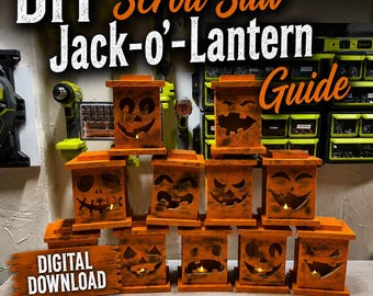 May include: A collection of twelve orange wooden jack-o'-lantern lanterns with various carved facial expressions, each illuminated by a small light. The image features the text DIY Scroll Saw Jack-o'-Lantern Guide and Digital Download.