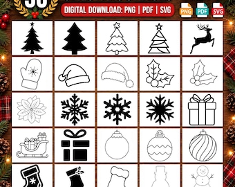 May include: A collection of 50 Christmas stencils presented in a grid, featuring black and white line art icons of trees, reindeer, mittens, Santa hats, holly, snowflakes, gift boxes, ornaments, stockings, and snowmen, labeled as digital downloads.