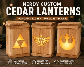May include: Three rectangular cedar wood lanterns with flat tops and glowing cutouts. The left lantern features a triangular triforce symbol, the center shows a winged crest, and the right displays a circular rebel alliance emblem. Text reads NERDY CUSTOM CEDAR LANTERNS.