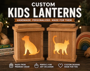 May include: Two rectangular wooden lanterns with a light brown finish. The left lantern features a cutout silhouette of a dog, and the right lantern features a cutout silhouette of a cat. Both lanterns are illuminated from within, casting a warm glow.