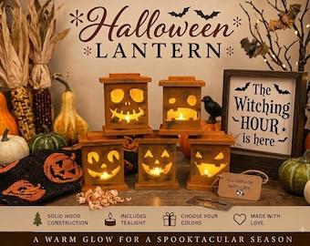 May include: Five wooden lanterns with carved jack-o'-lantern faces, each illuminated by a warm internal light. The lanterns are arranged in a group, featuring dark, distressed wood finishes and various cutout expressions. Text reads Halloween Lantern.
