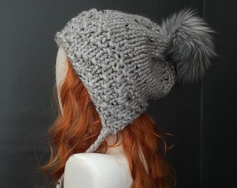 Wanderer PomPom Hat - Quartz, faux fur pom hat, cottagecore hood, woodland style