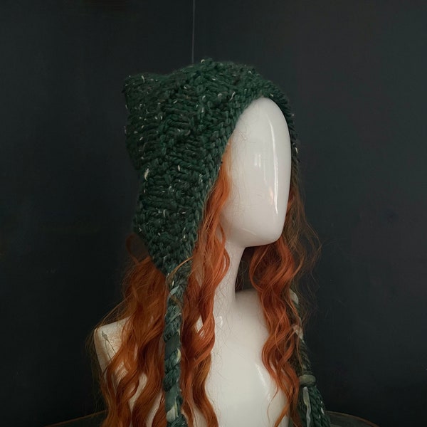 Pixie Hood Hat - Evergreen, cottagecore elf hat, fairy hat, woodland