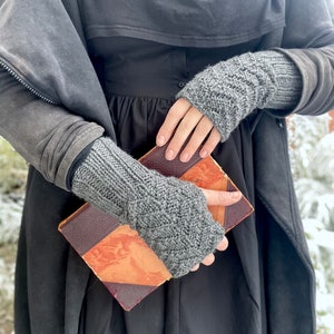 Gray Chevron Knit Fingerless Gloves: Wool Blend Cozy Mittens