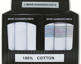 Mens 3 Pack 100% COTTON BOXED Hankies Large White Plain Handkerchiefs Hanky