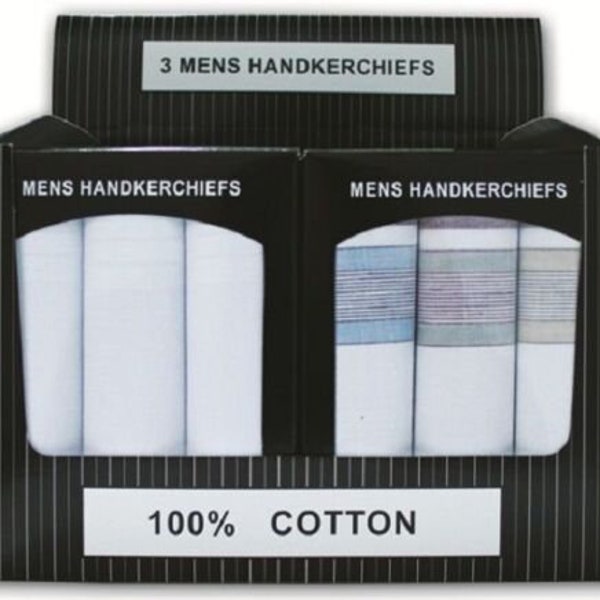 Mens 3 Pack 100% COTTON BOXED Hankies Large White Plain Handkerchiefs Hanky