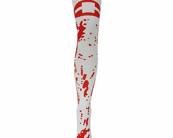 Girls ladies over knee fancy dress halloween blood stained nurse socks size 4-7 party