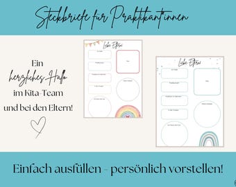 May include: A printable template with the text "Steckbriefe für Praktikantinnen" and "Ein herzliches Hallo im Kita-Team und bei den Eltern!" in black script. The template includes fillable sections for personal information and a rainbow graphic.