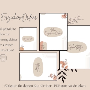 May include: A digital print featuring a collection of printable planner pages with the text "Mein Erzieher Ordner" and other German text. The design includes beige and peach-colored shapes and floral accents on a light pink background.