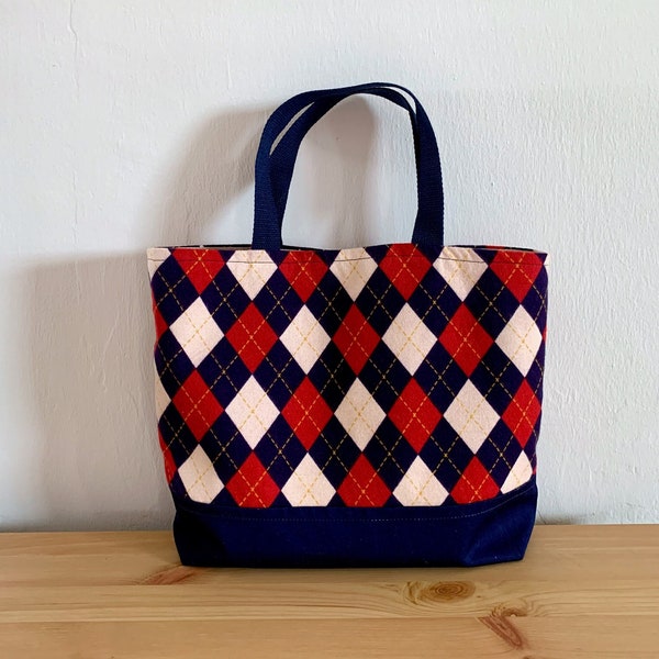 LARGE Velvet Argyle Project Bag for Knitting/Crochet, Classic Modern Tote Bag for Cross Stitch/Embroidery, Reusable Eco Grocery Shopping Bag