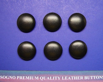 6 Made in USA Black genuine leather buttons 20 mm ( 3/4 inch ), metal loop
