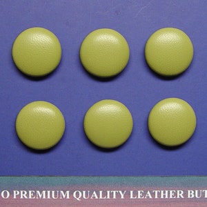 May include: Six round, green leather buttons. The buttons are arranged in two rows of three. The buttons are on a blue background.