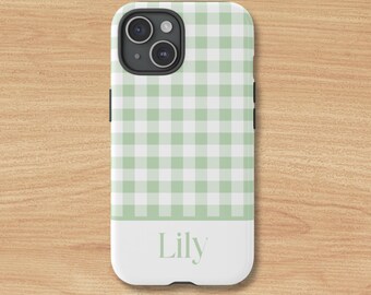 Personalized Green Gingham Phone Case Personalized Trendy Phone Case for Girl Custom Green Checkered Phone Cover Durable Phone Case Gingham