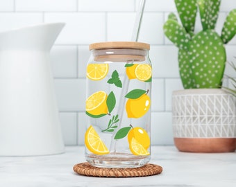 Lemon Glass Cup for Summer Lemonade Glass Lemon Tumbler Gift for Her Iced Coffee Cup Lemon Glass Tumbler Summer Gift Lemon Glass Can