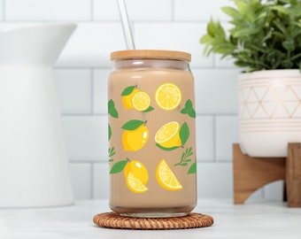 Lemon Glass Tumbler Summer Gift for Her Lemon Glass Cup Summer Drinkware Lemon Iced Coffee Cup Lemonade Glass Can Gift for Girl Lemon Cup