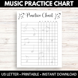 May include: A printable music practice chart with a grid for each day of the week, labelled "M" for Monday, "W" for Wednesday, "Th" for Thursday, "F" for Friday, "S" for Saturday, and "Su" for Sunday. The chart is decorated with musical notes.