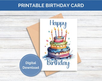 Printable Birthday Card for Her Happy Birthday Card Digital Download Cake Birthday Greeting Card Instant Download