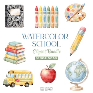 Watercolor School Clipart Bundle Back to School Clipart Set School Supplies PNG Bundle Watercolor Teacher Graphics Back-to-School Clipart