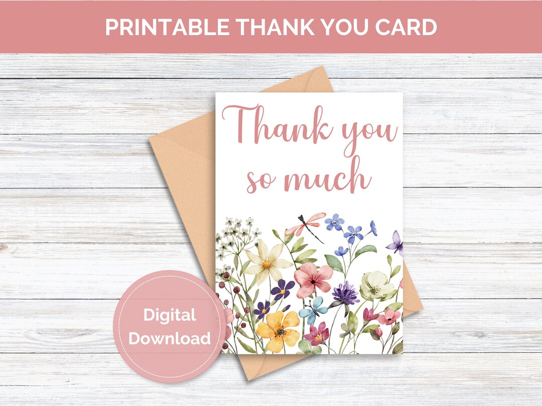 Printable Floral Thank You Card Printable Thank You Card Floral Digital ...