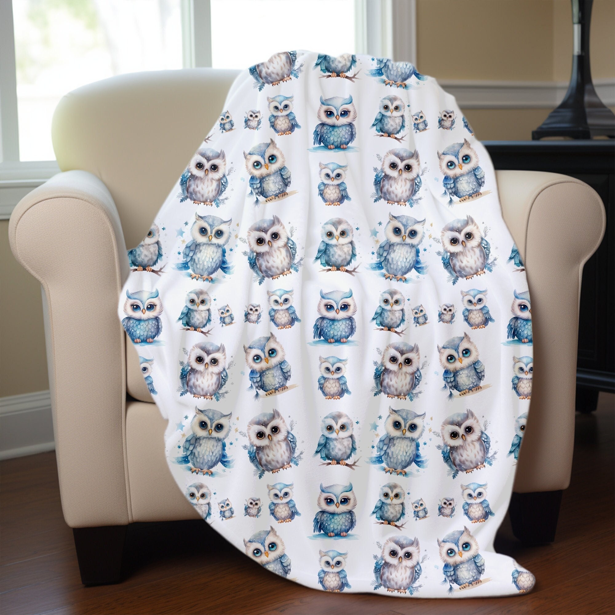 Blue Owl Print Blanket for Owl Lover Blanket Gift for Her Owl Room Decor Blanket Blue Owl Home Decor