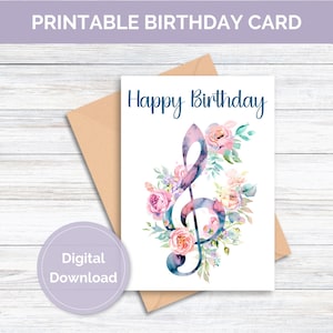 Tarjeta de cumpleaños con clave de sol para músico, imprimible, descarga digital, tarjeta de cumpleaños para profesor de música, imprimible
