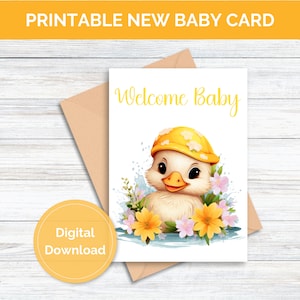 Afdrukbare eend welkom baby nieuwe baby shower pasgeboren cadeaukaart wenskaart digitale download Instant Download