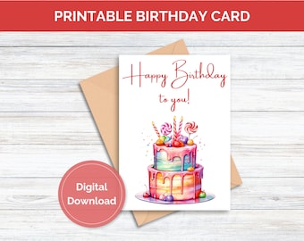 Printable Birthday Card for Her Happy Birthday Card Digital Download Cake Birthday Greeting Card Instant Download Birthday Card Printable