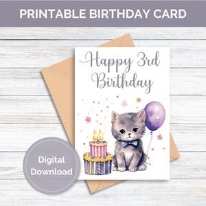 Carte d'anniversaire imprimable pour 3e anniversaire de chat, carte imprimable pour 3e anniversaire de chat, carte d'anniversaire pour 3e anniversaire en téléchargement numérique pour enfant, carte imprimable pour 3e anniversaire de chat
