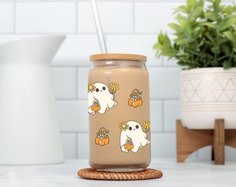 Halloween Ghost Glass Can Halloween Glass Tumbler Gift for Her Ghost Glass Cup Halloween Iced Coffee Cup Gift for Halloween Ghost Cup Gift