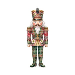 May include: A decorative nutcracker figure featuring a green and red uniform adorned with white poinsettia and holly leaf patterns. The figure wears a tall hat with a black feather, gold epaulets, and has a white beard and mustache.