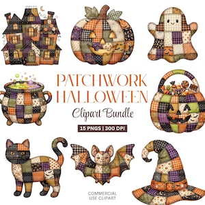 May include: A digital clipart bundle featuring patchwork-style Halloween illustrations including a haunted house, pumpkin, ghost, cauldron, candy basket, cat, bat, and witch hat in orange, purple, black, and green patterns with text PATCHWORK HALLOWEEN.