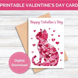 Printable Floral Cat Valentine's Day Card Digital Download Valentine's Day Card Floral Cat Greeting Card for Valentine's Day Cat Card Floral
