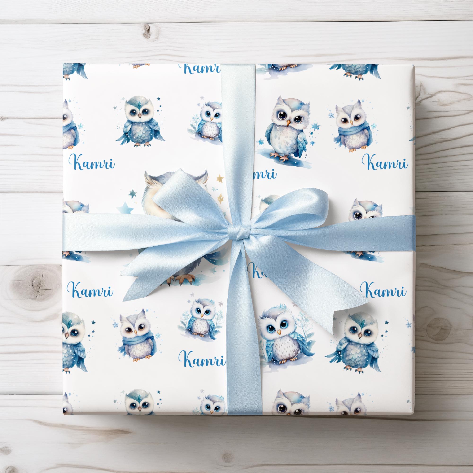 Personalized Blue Owl Wrapping Paper Custom Blue Owl Gift Wrap for Birthday Party Supplies Owl Theme