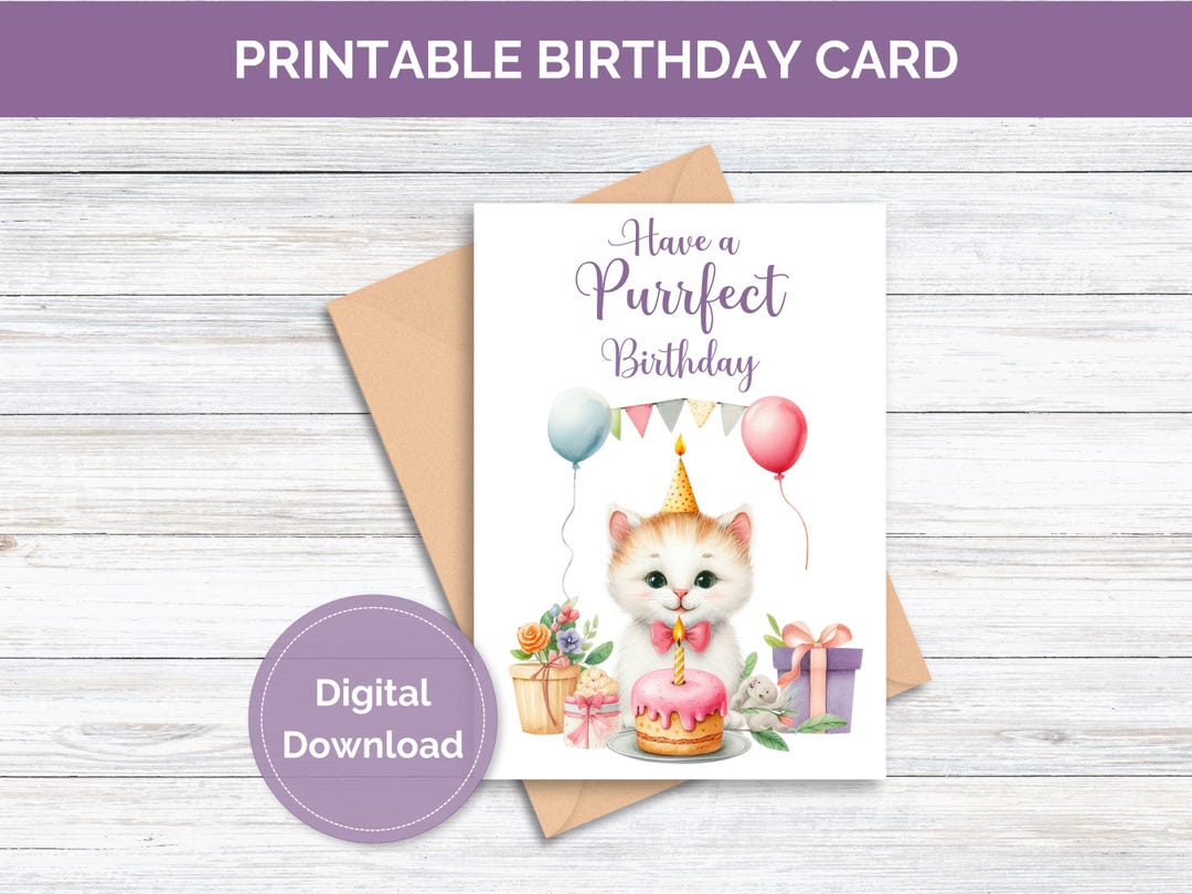 Printable Birthday Card Cat Printable Card for Birthday Cute Cat ...