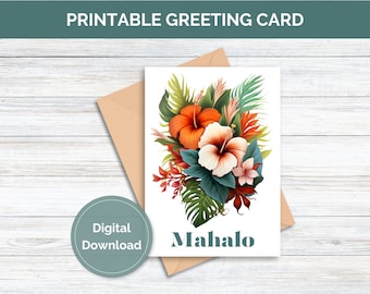 Printable Greeting Card Mahalo Hawaiian Greeting Card Thank You Card Printable Hawaiian Mahalo Thank You Card Appreciation Card Printable