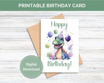 Tarjeta de cumpleaños imprimible para niño Tarjeta de feliz cumpleaños imprimible Descarga digital Tarjeta de felicitación de cumpleaños de dinosaurio Descarga instantánea