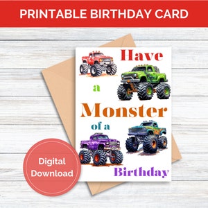 Carte d'anniversaire imprimable Monster Truck pour enfant Carte d'anniversaire imprimable en téléchargement numérique Carte de voeux d'anniversaire Monster Truck à téléchargement immédiat