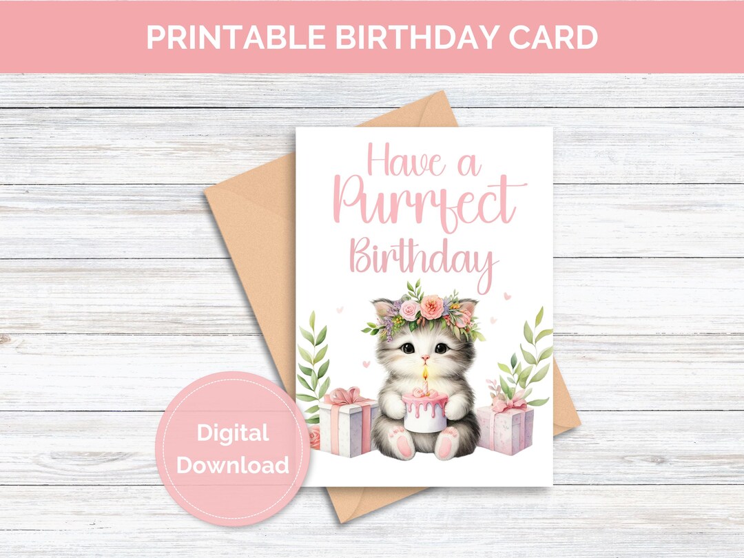 Printable Cat Birthday Card Printable Card for Birthday Digital ...